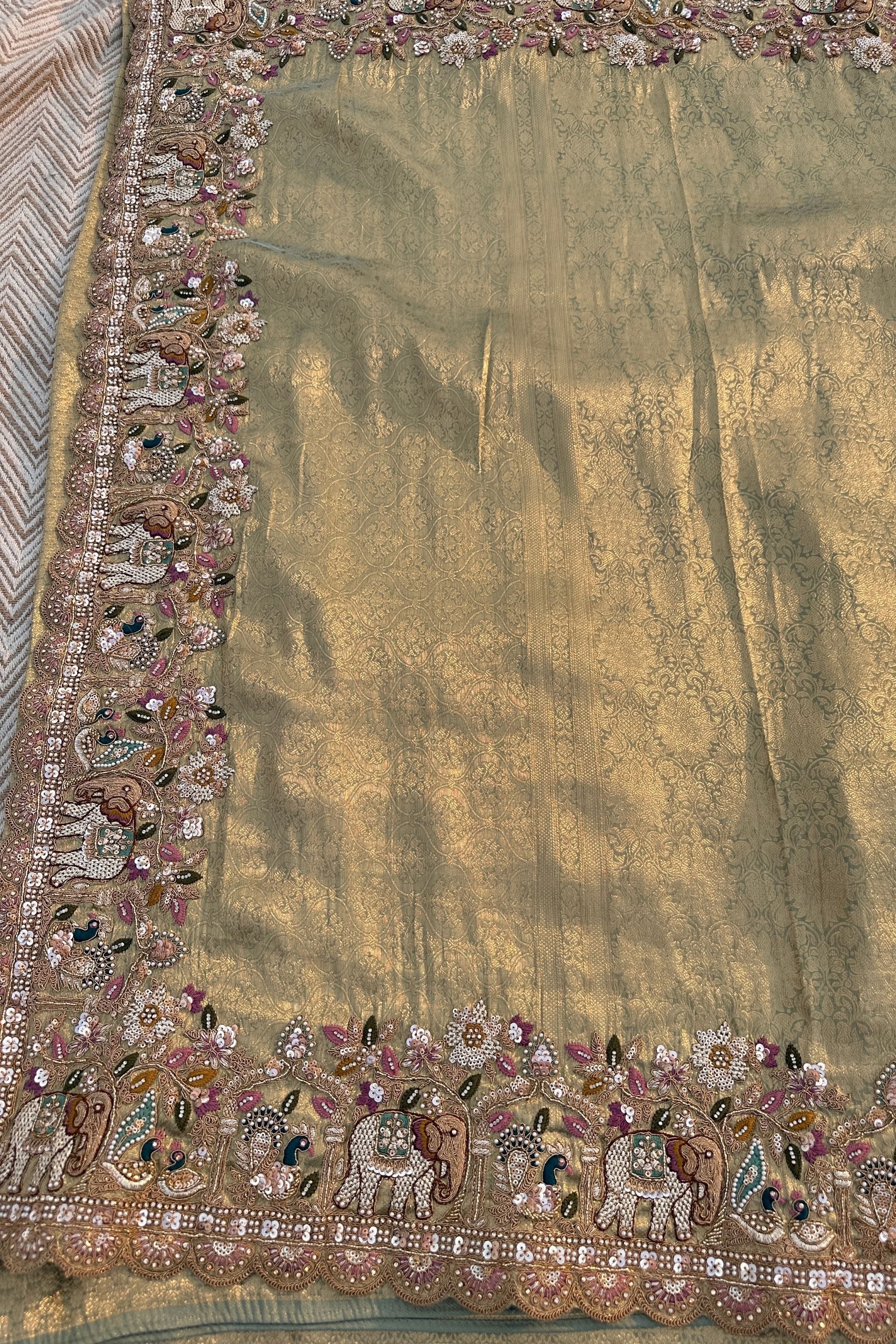 Green Brocade Unstitched Saree Embellished With Moti, Sequins, Cutdana, Thread& Jarkan Work